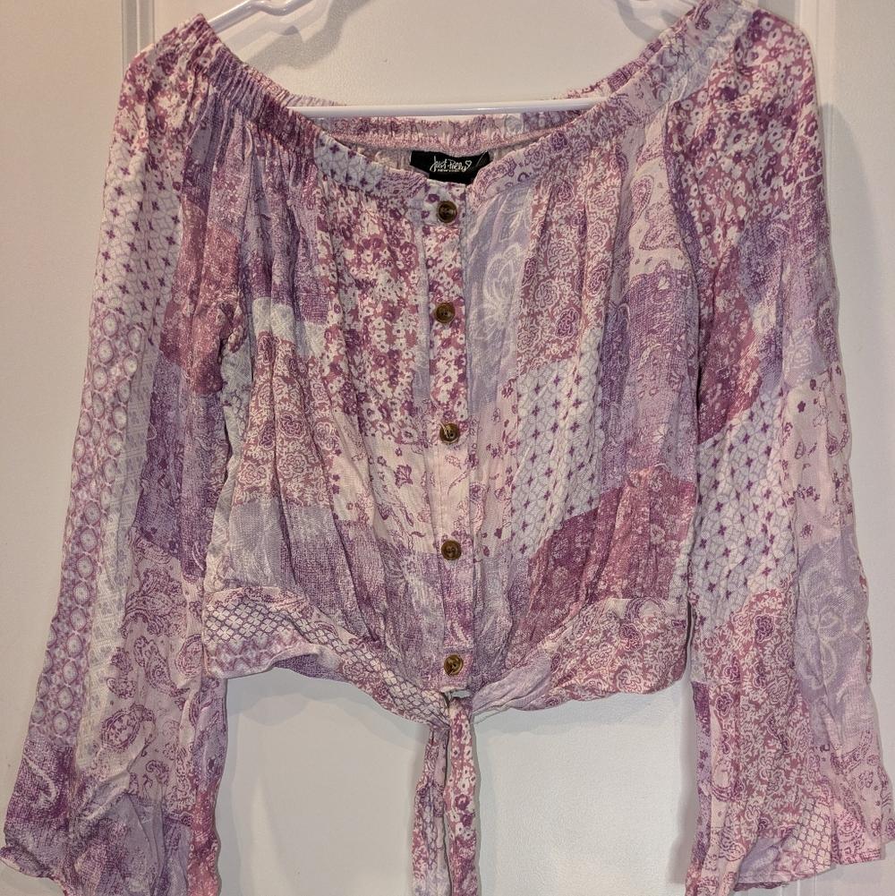 Just Polly NWT Boho Tie Front Crop Top Pink Purple Patchwork Blouse Small